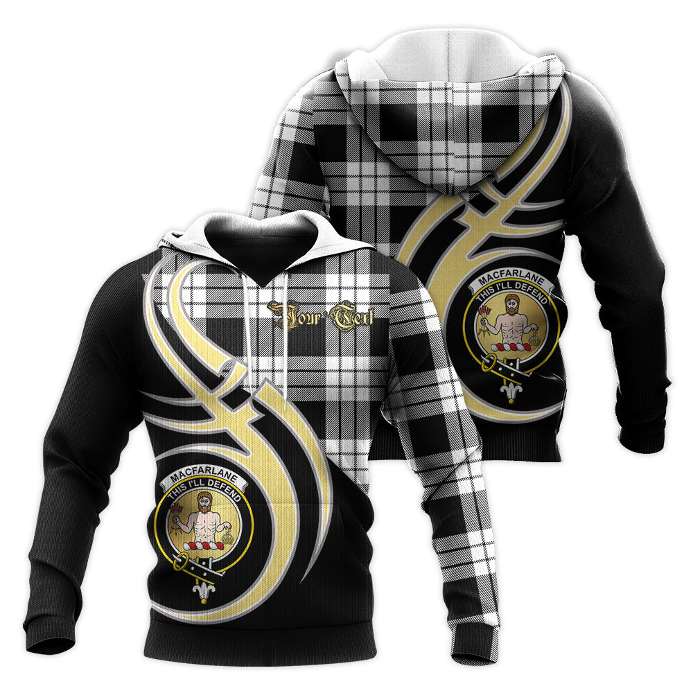 Printivon Macfarlane Black White Clan Believe In Me Crest Tartan Knitted Hoodie Custom Your Text