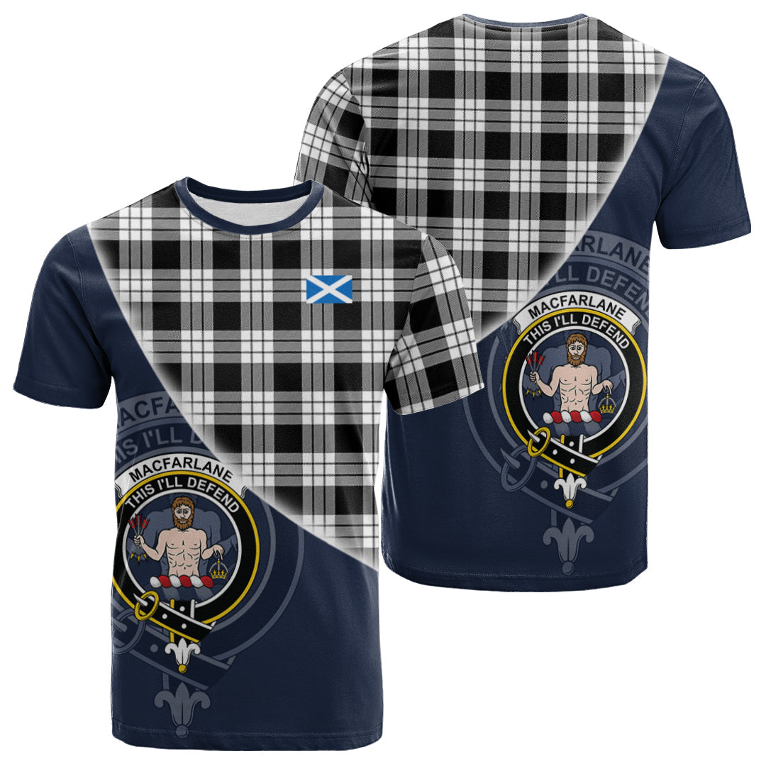 Printivon MacFarlane Black White Tartan Scottish Crest T Shirt