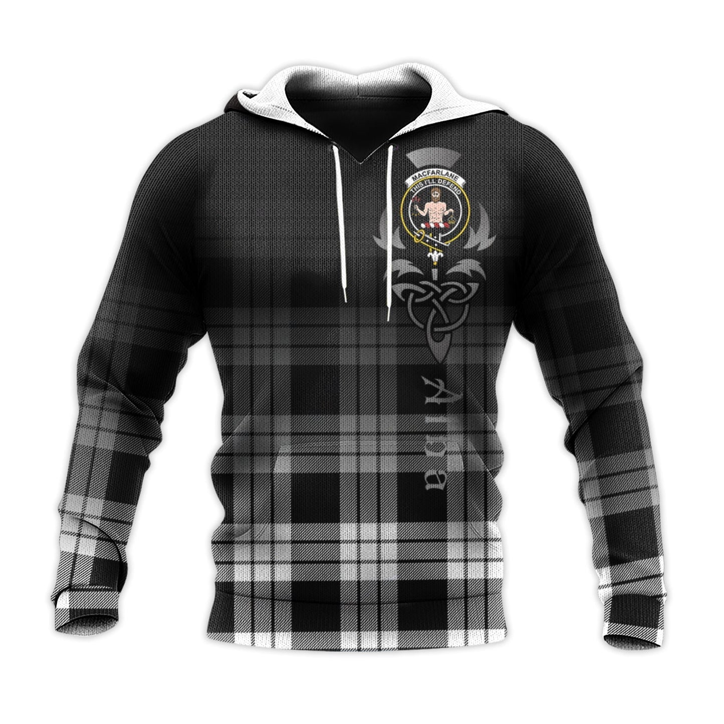 Printivon Macfarlane Black White Tartan Crest Alba Celtic Hoodie