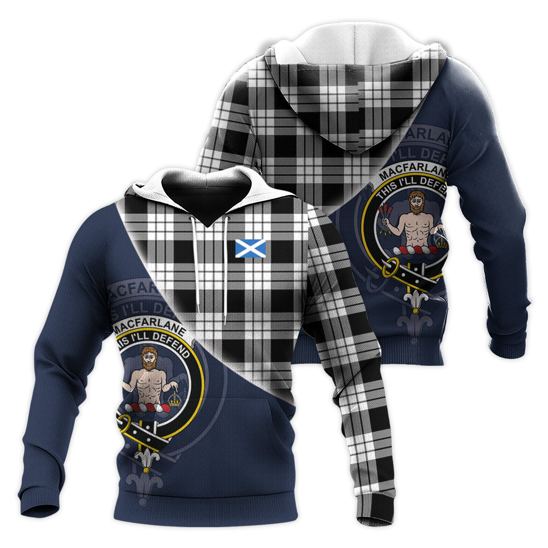 Printivon Macfarlane Black White Tartan Scottish Crest Hoodie