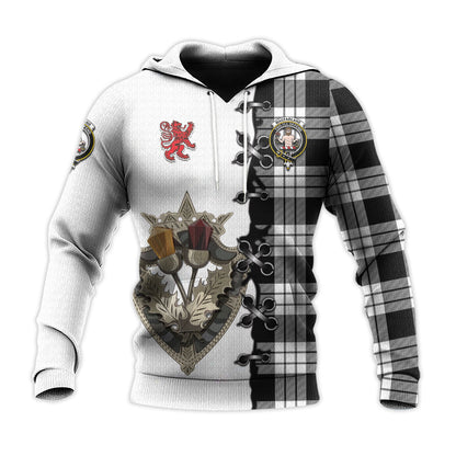 Printivon Macfarlane Black White Tartan Hoodie Lion Rampant And Celtic Thistle Style