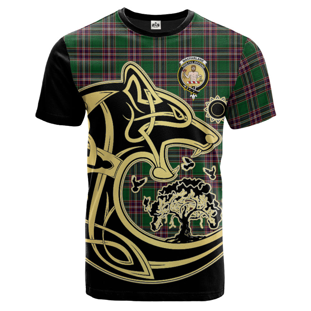 Printivon MacFarlane Hunting Crest Celtic Wolf Tartan T Shirt Custom Your Text