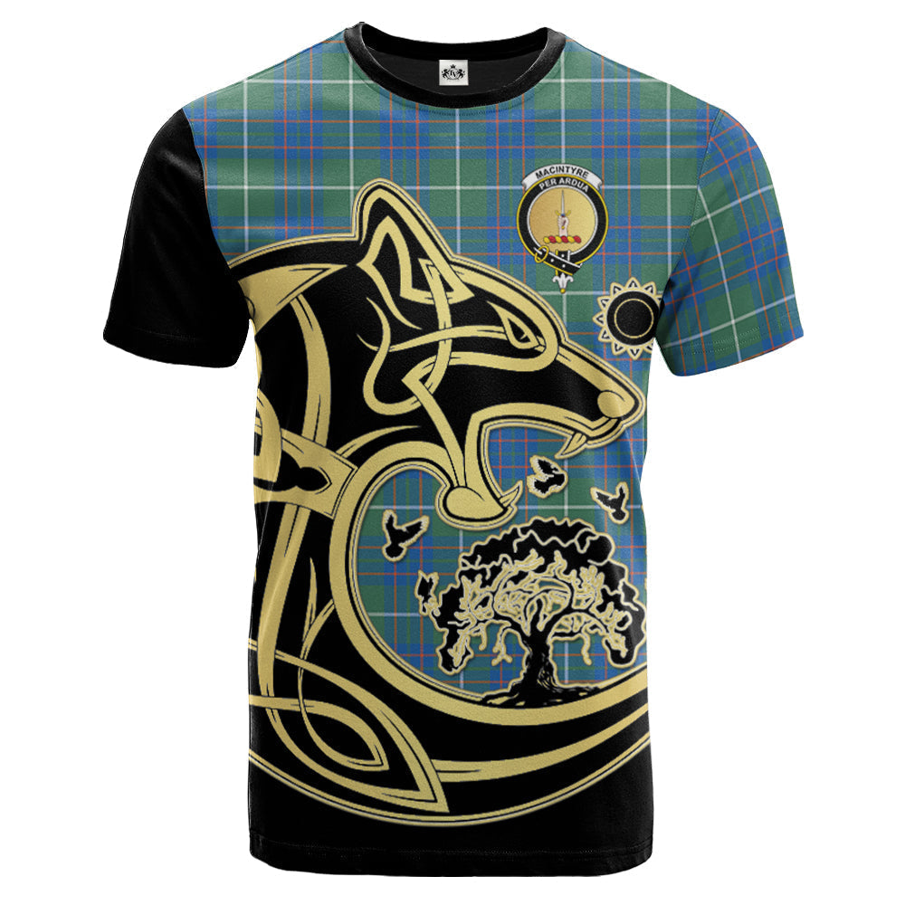 Printivon MacIntyre Hunting Ancient Crest Celtic Wolf Tartan T Shirt Custom Your Text