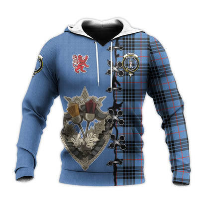 Printivon Mackay Blue Tartan Hoodie Lion Rampant And Celtic Thistle Style
