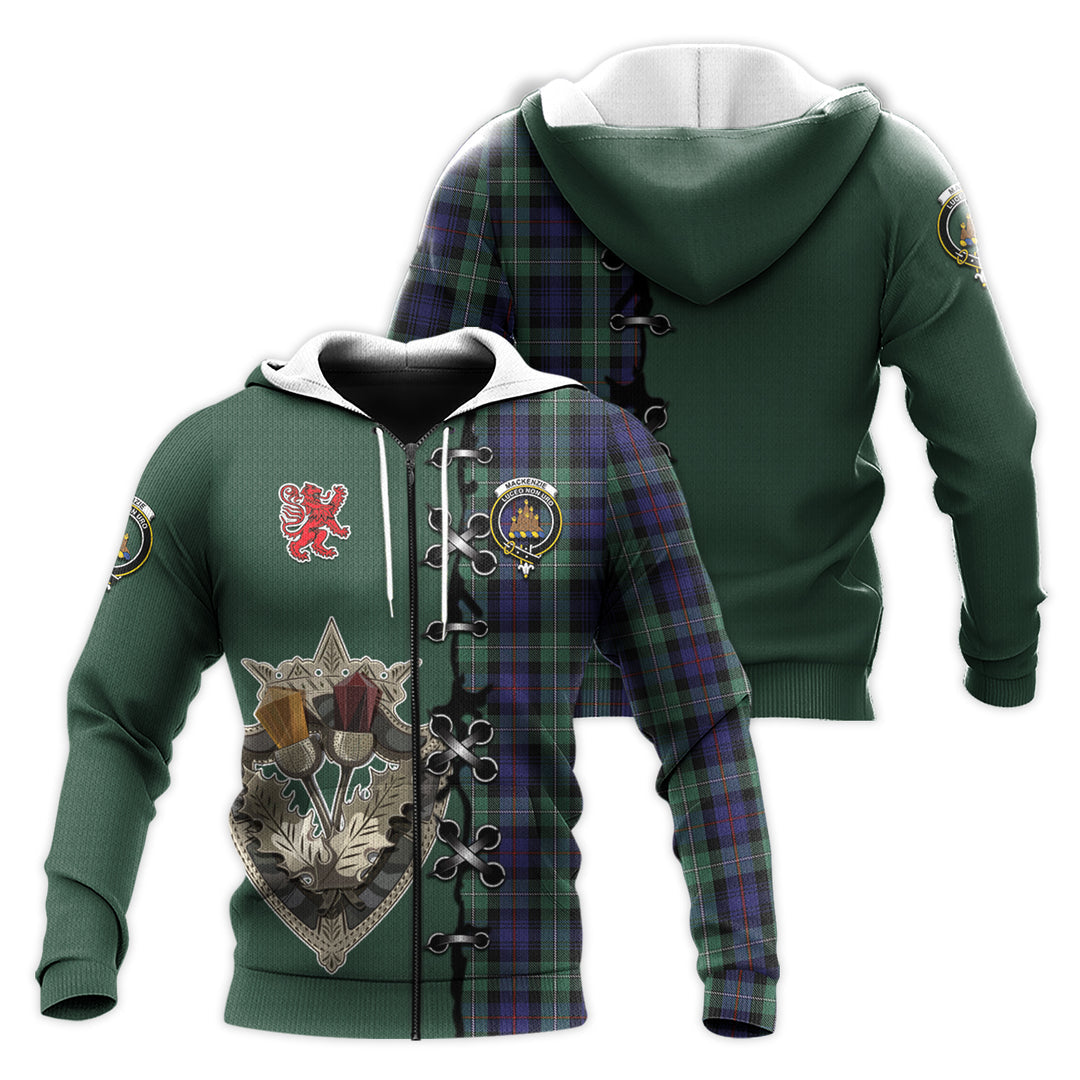 Printivon Mackenzie Hunting Green Tartan Hoodie Lion Rampant And Celtic Thistle Style