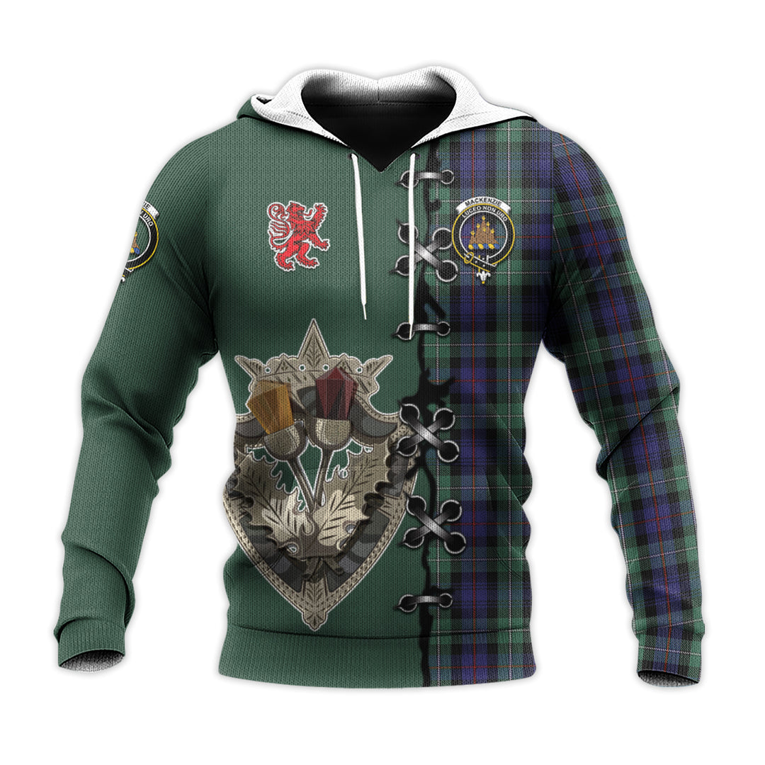 Printivon Mackenzie Hunting Green Tartan Hoodie Lion Rampant And Celtic Thistle Style