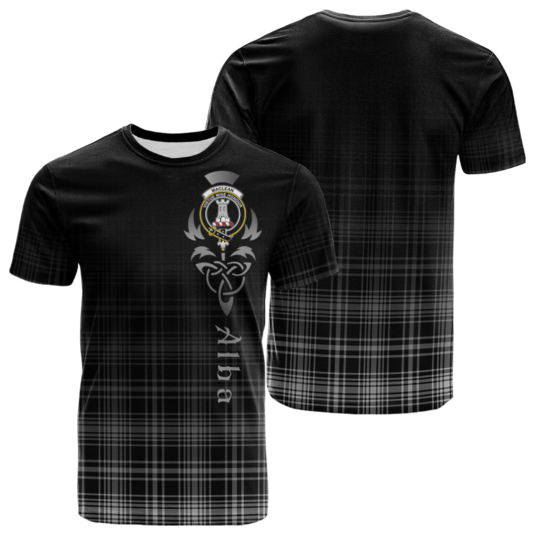 Printivon MacLean Black and White Tartan Crest Alba Celtic T Shirt