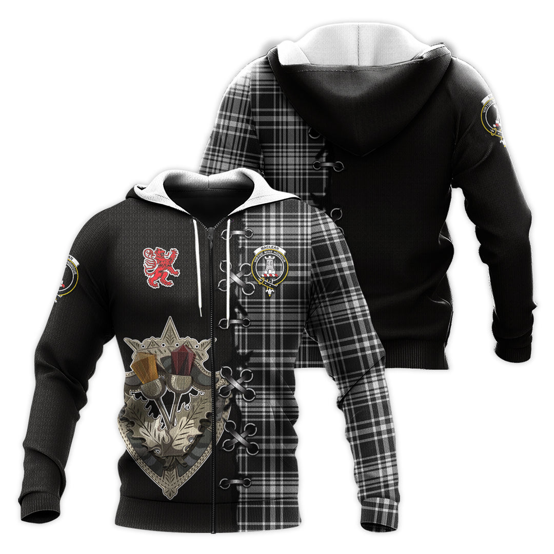 Printivon Maclean Black And White Tartan Hoodie Lion Rampant And Celtic Thistle Style