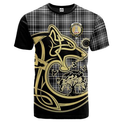 Printivon MacLean Black and White Crest Celtic Wolf Tartan T Shirt Custom Your Text