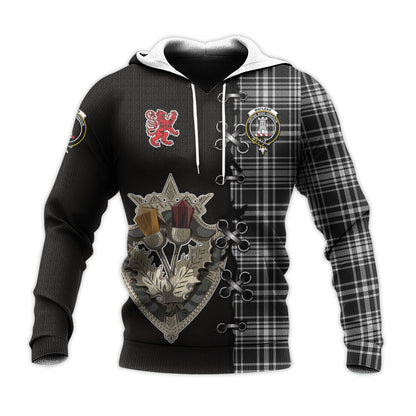 Printivon Maclean Black And White Tartan Hoodie Lion Rampant And Celtic Thistle Style