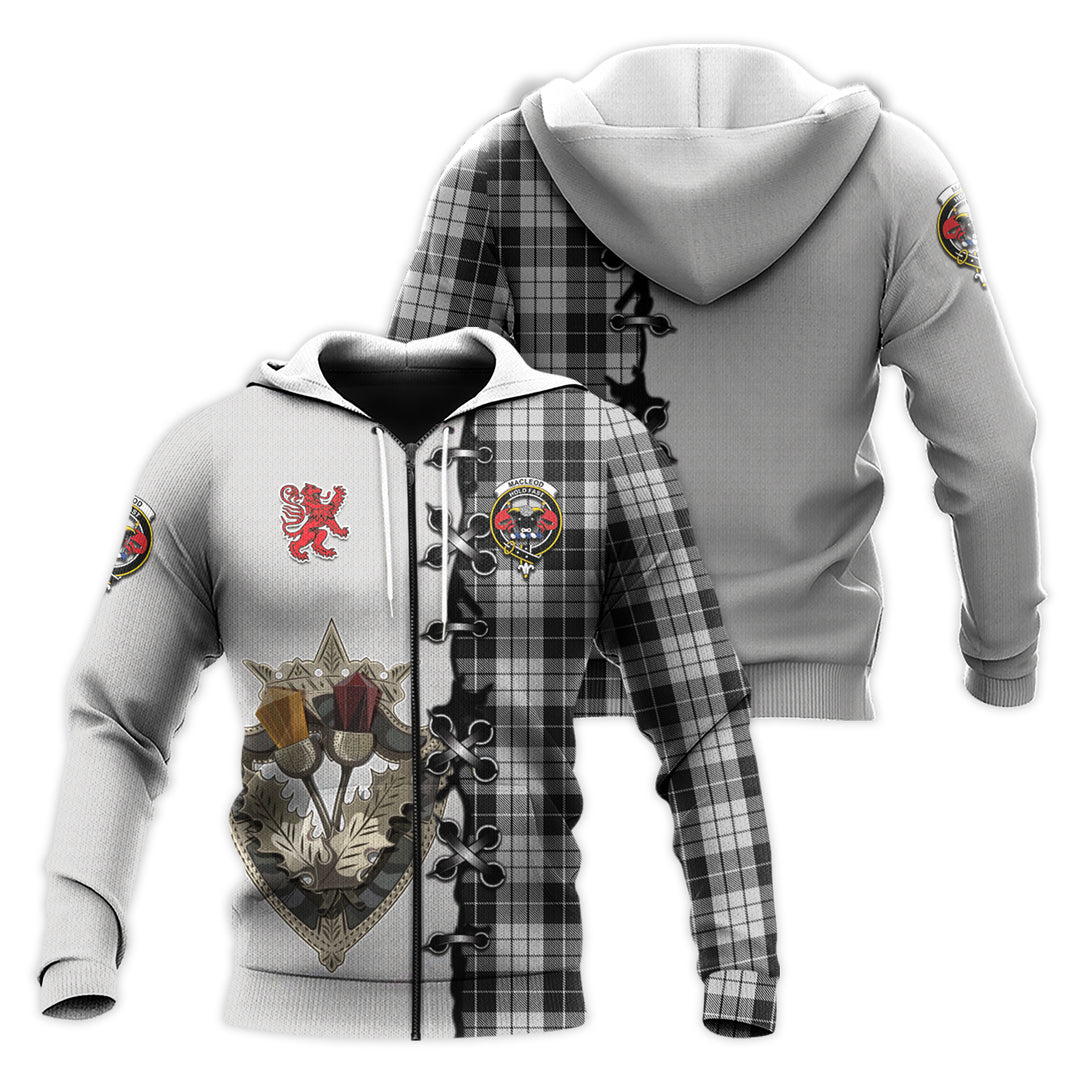 Printivon Macleod Black And White Tartan Hoodie Lion Rampant And Celtic Thistle Style