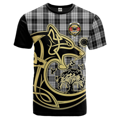 Printivon MacLeod Black and White Crest Celtic Wolf Tartan T Shirt Custom Your Text