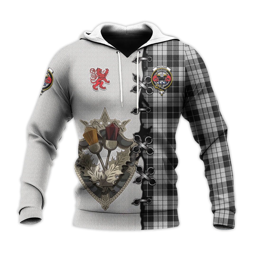 Printivon Macleod Black And White Tartan Hoodie Lion Rampant And Celtic Thistle Style