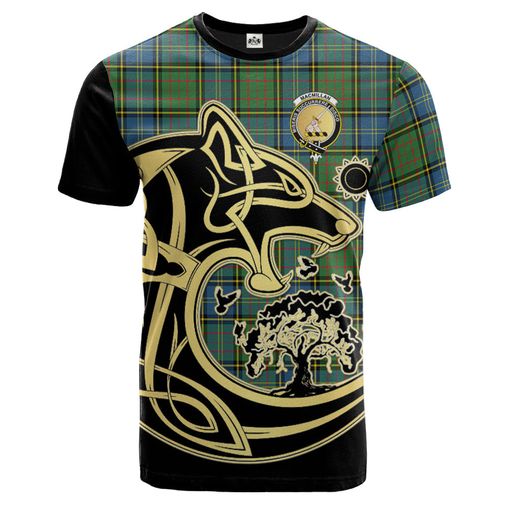 Printivon MacMillan Hunting Ancient Crest Celtic Wolf Tartan T Shirt Custom Your Text