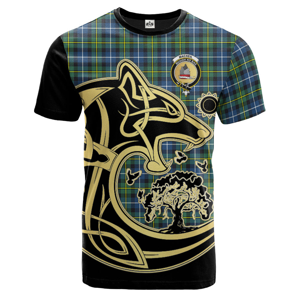 Printivon MacNeil of Barra Ancient Crest Celtic Wolf Tartan T Shirt Custom Your Text
