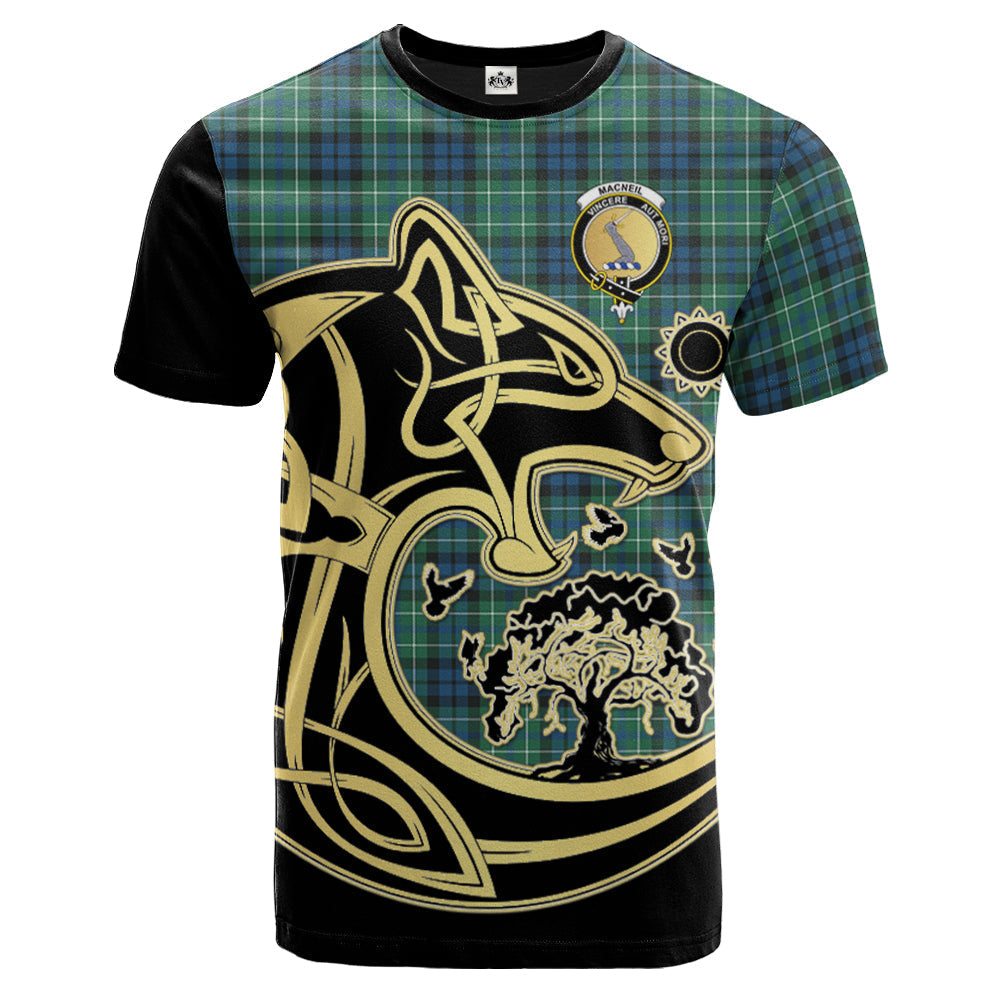 Printivon MacNeil of Colonsay Ancient Crest Celtic Wolf Tartan T Shirt Custom Your Text