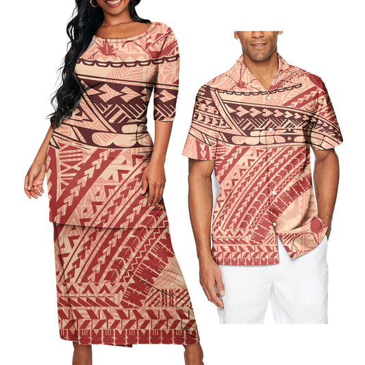 Polynesian Tribe Pattern Matching Outfit For Couple Ladies Elegant Puletasi Dress For Her And Hawaiian Shirt