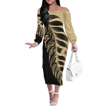 Polynesian Tribal Tattoo Pattern Matching Outfit For Couple Printed Polynesian Off Shoulder Long Sleeved Dress And Hawaiian Shirt