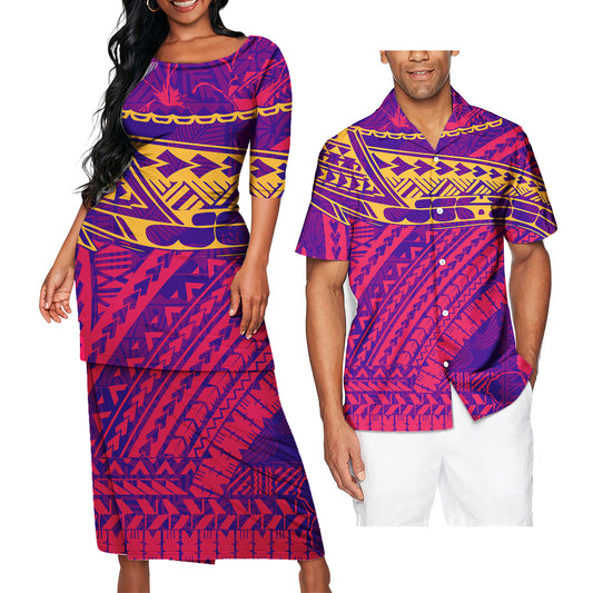 Polynesian Tribe Purple Pattern Outfit For Couple Puletasi Dress For Her And Printed Hawaiian Shirt