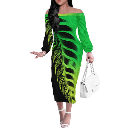 Polynesian Tribal Tattoo Pattern Matching Outfit For Couple Printed Polynesian Off Shoulder Long Sleeved Dress And Hawaiian Shirt