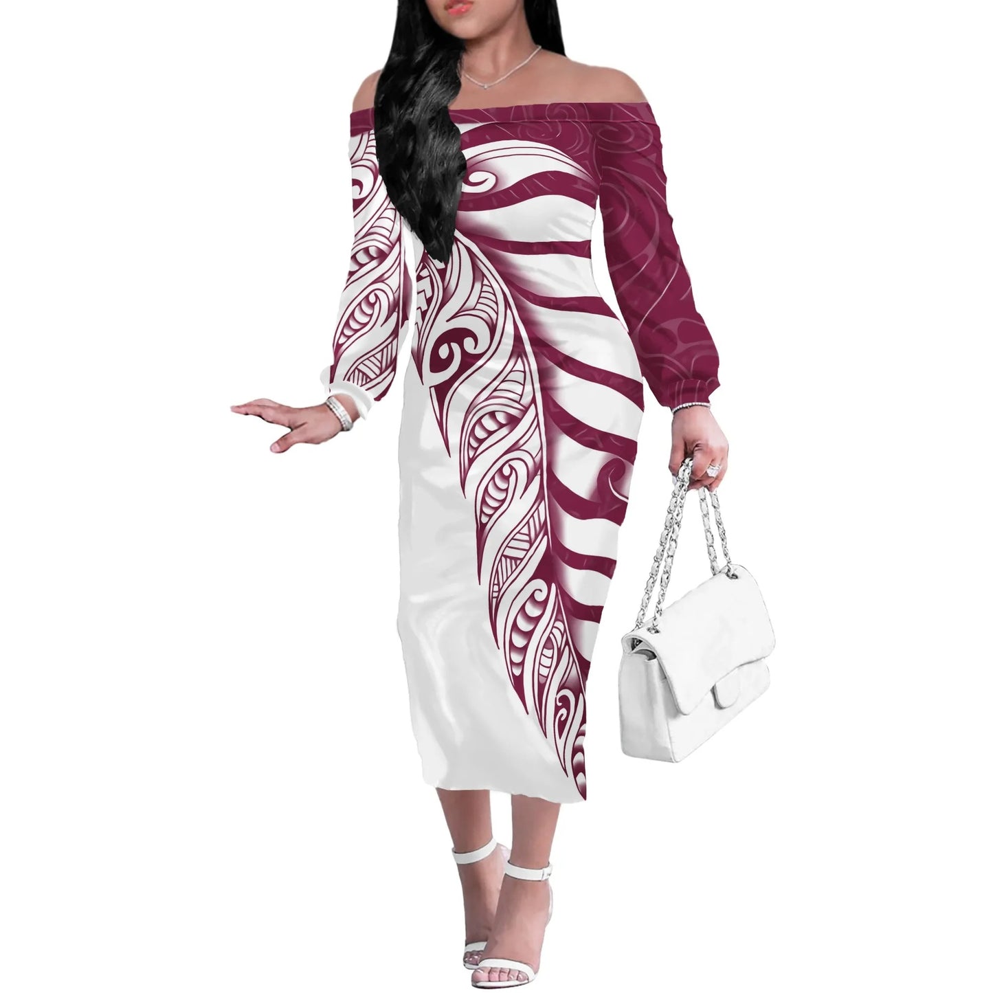 Polynesian Tribal Tattoo Pattern Matching Outfit For Couple Printed Polynesian Off Shoulder Long Sleeved Dress And Hawaiian Shirt