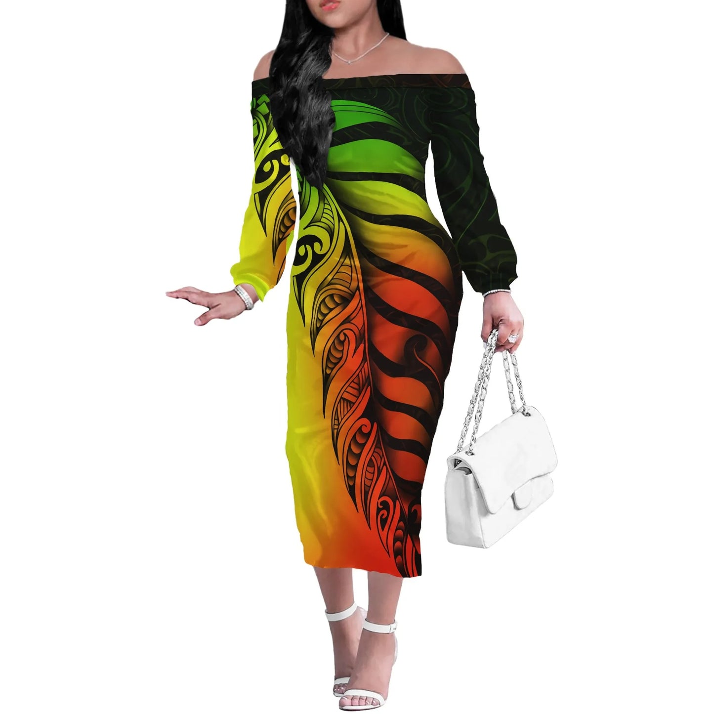 Polynesian Tribal Tattoo Pattern Matching Outfit For Couple Printed Polynesian Off Shoulder Long Sleeved Dress And Hawaiian Shirt