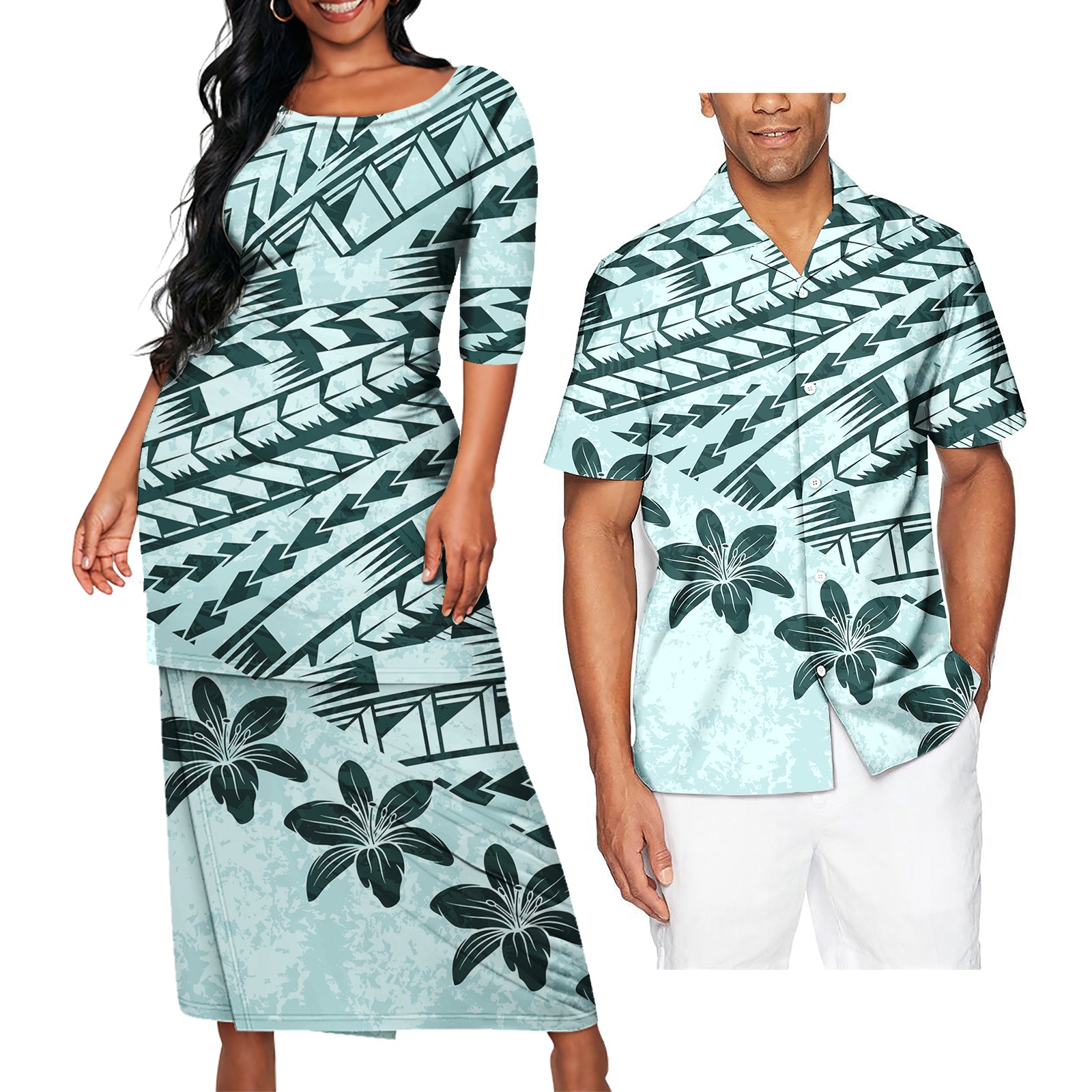 Polynesian Tribe Flower Pattern Outfit For Couple Puletasi Dress For Her And Printed Hawaiian Shirt