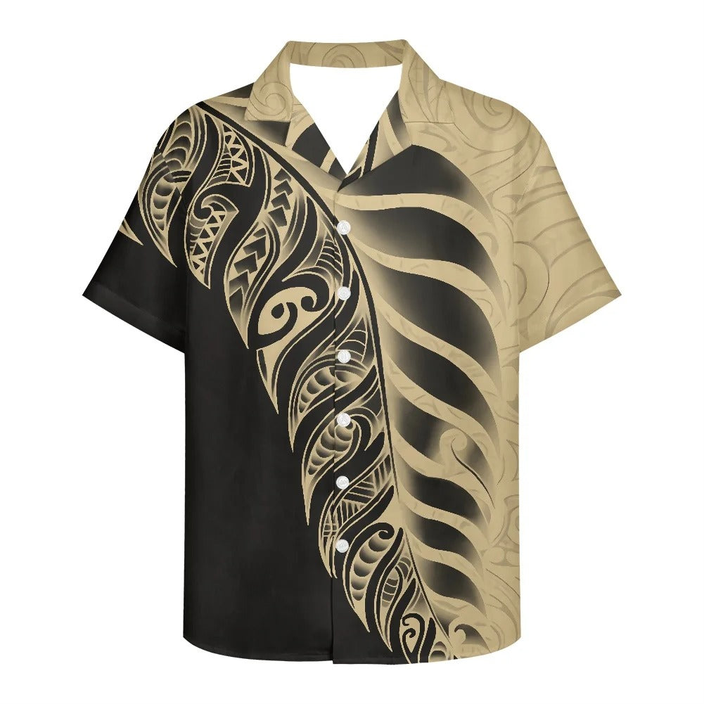 Polynesian Tribal Tattoo Pattern Matching Outfit For Couple Printed Polynesian Off Shoulder Long Sleeved Dress And Hawaiian Shirt