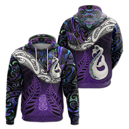New Zealand Maori Hoodie Manaia Paua Shell Glitter Purple