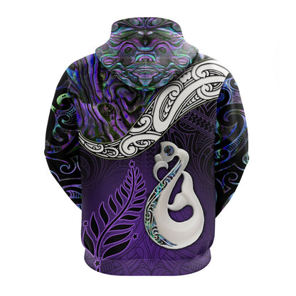 New Zealand Maori Zip Hoodie Manaia Paua Shell Glitter Purple