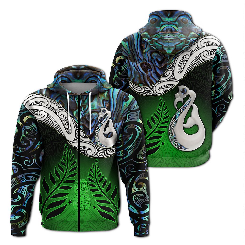 New Zealand Maori Zip Hoodie Manaia Paua Shell Glitter Green