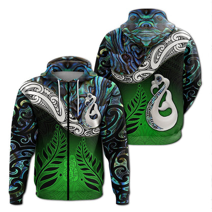 New Zealand Maori Zip Hoodie Manaia Paua Shell Glitter Green