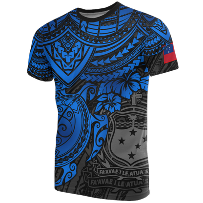 Samoa T Shirt Samoa Coat of Arms Polynesian Blue Turtle Hibiscus