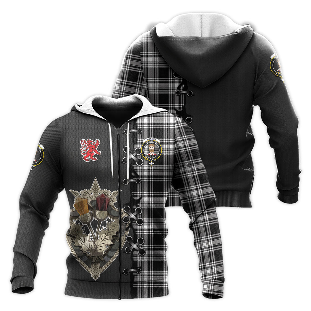 Printivon Menzies Black And White Tartan Hoodie Lion Rampant And Celtic Thistle Style