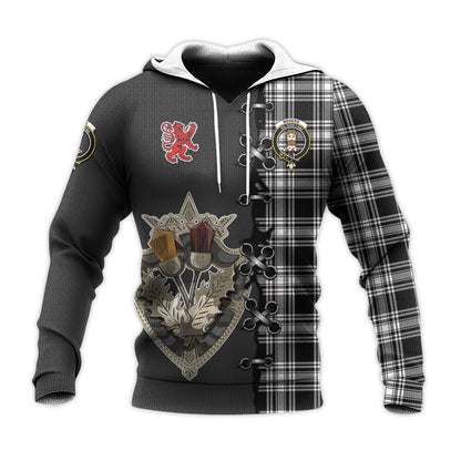 Printivon Menzies Black And White Tartan Hoodie Lion Rampant And Celtic Thistle Style