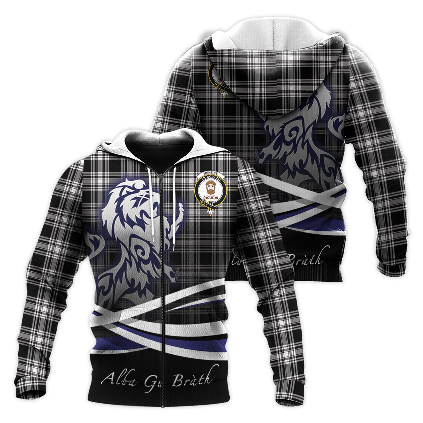 Printivon Menzies Black And White Tartan Scottish Lion Hoodie