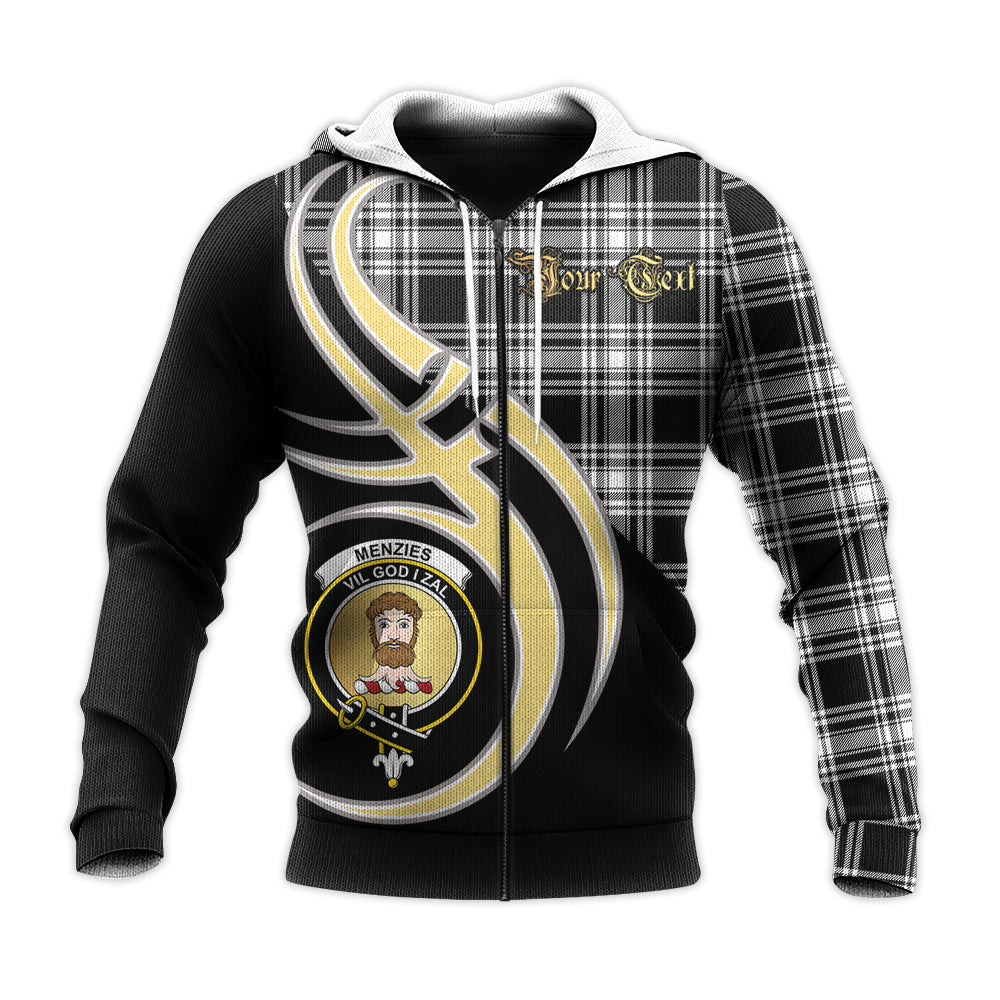 Printivon Menzies Black And White Clan Believe In Me Crest Tartan Knitted Hoodie Custom Your Text