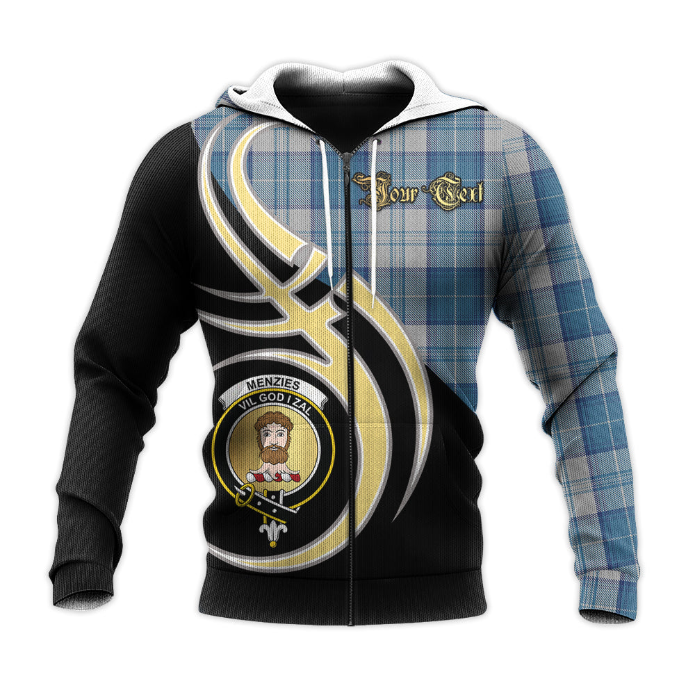 Printivon Menzies Dress Blue And White Clan Believe In Me Crest Tartan Knitted Hoodie Custom Your Text