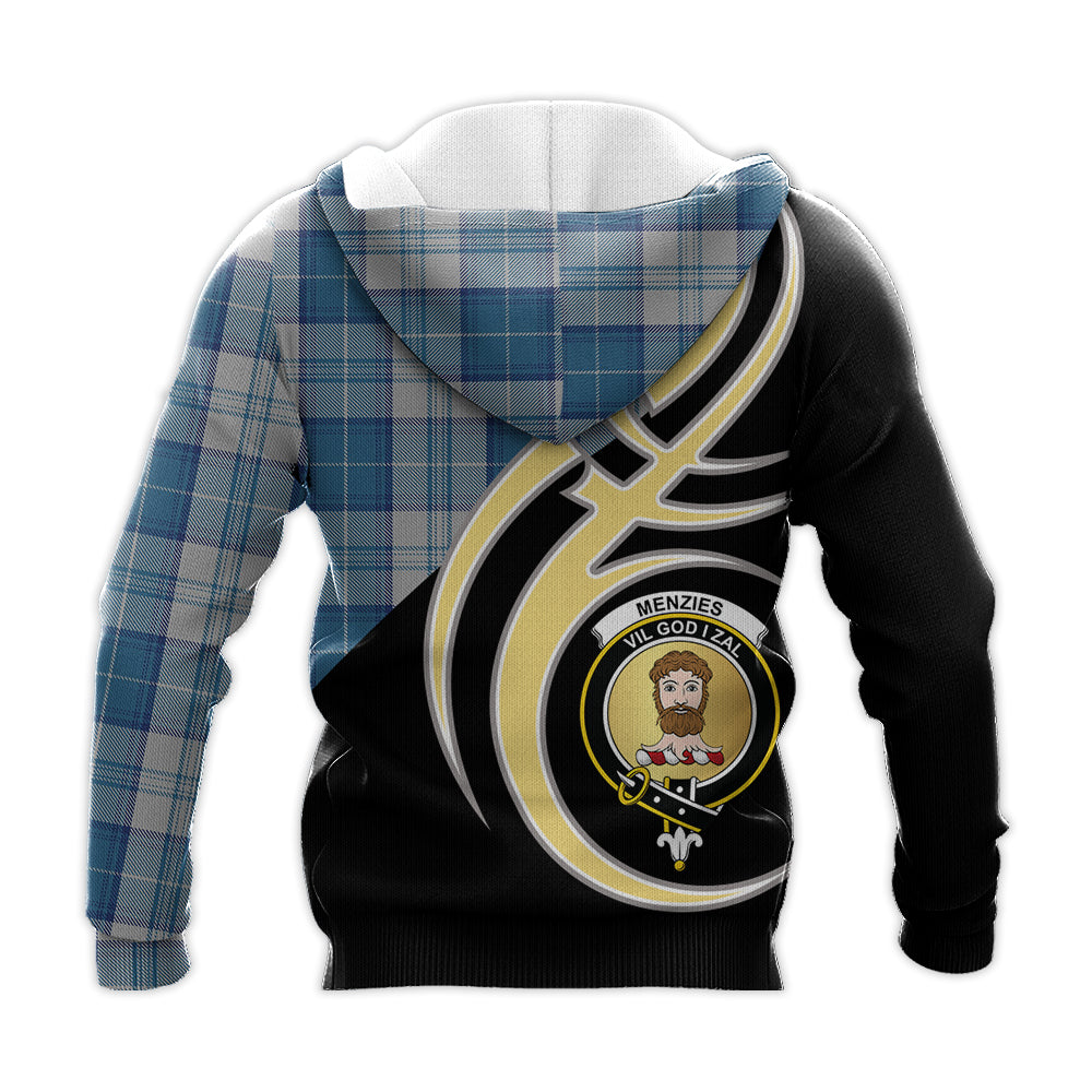 Printivon Menzies Dress Blue And White Clan Believe In Me Crest Tartan Knitted Hoodie Custom Your Text