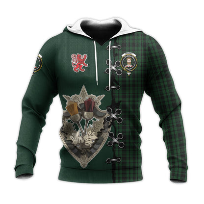 Printivon Menzies Green Tartan Hoodie Lion Rampant And Celtic Thistle Style