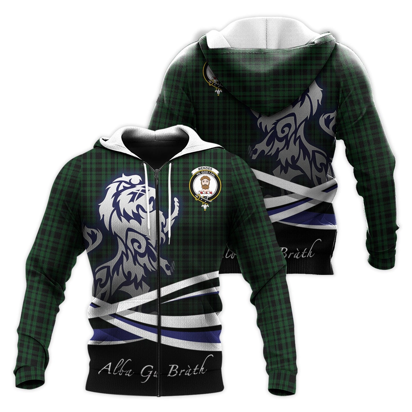 Printivon Menzies Green Tartan Scottish Lion Hoodie