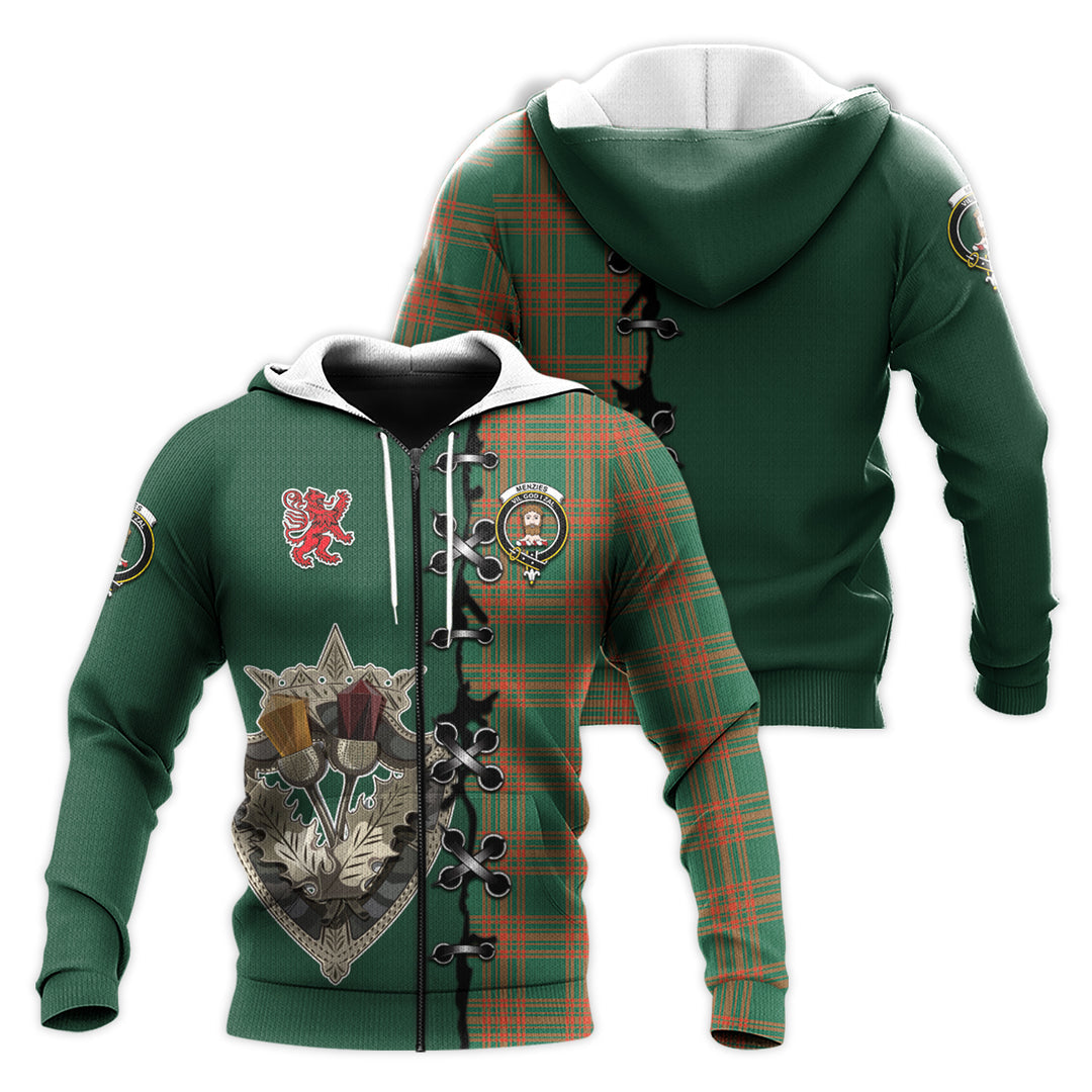 Printivon Menzies Green Ancient Tartan Hoodie Lion Rampant And Celtic Thistle Style
