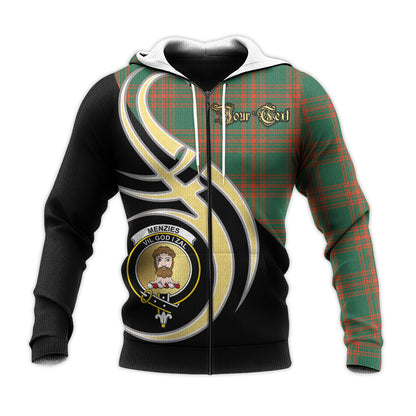 Printivon Menzies Green Ancient Clan Believe In Me Crest Tartan Knitted Hoodie Custom Your Text