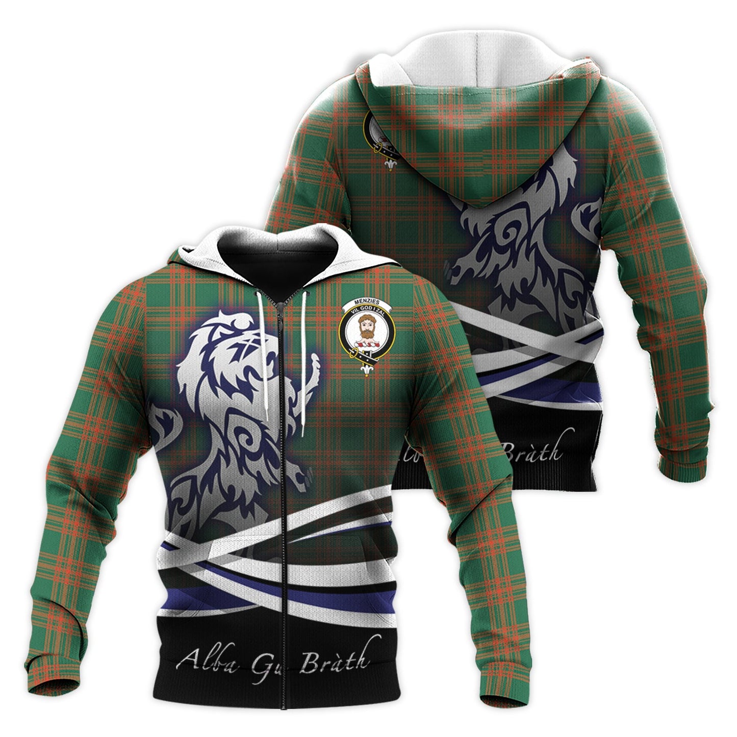 Printivon Menzies Green Ancient Tartan Scottish Lion Hoodie