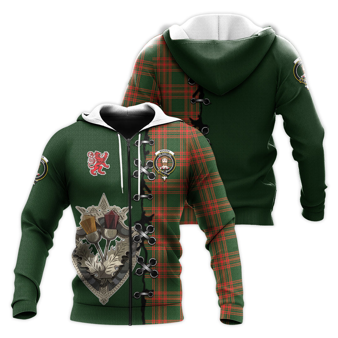 Printivon Menzies Green Modern Tartan Hoodie Lion Rampant And Celtic Thistle Style