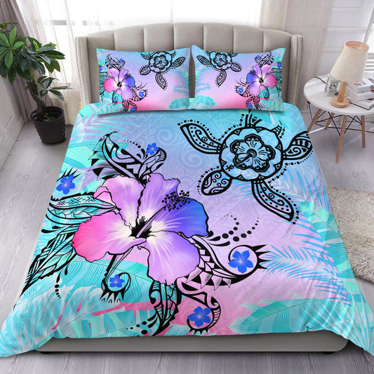Hawaii Turtle Flowers And Palms Retro Bedding Set Blue Pink AH