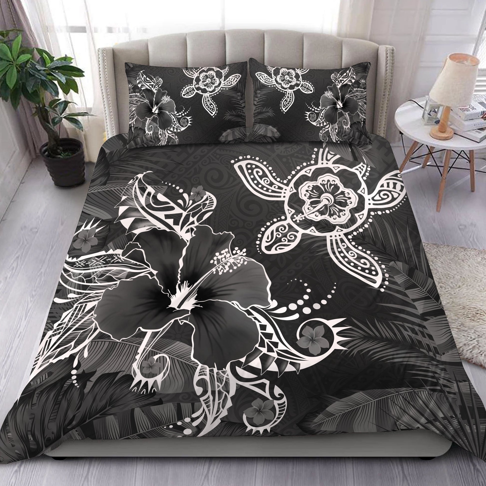 Hawaii Turtle Flowers And Palms Retro Bedding Set Gray AH