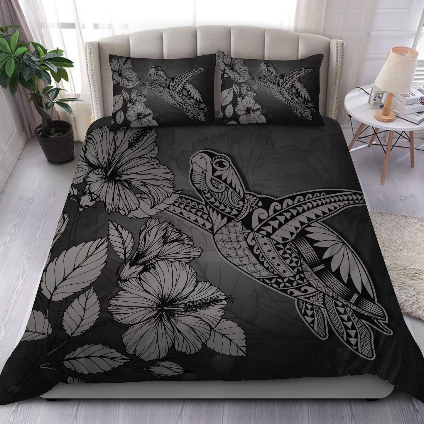 Hawaii Turtle Reach To The Sky Hibiscus Bedding Set Gray AH