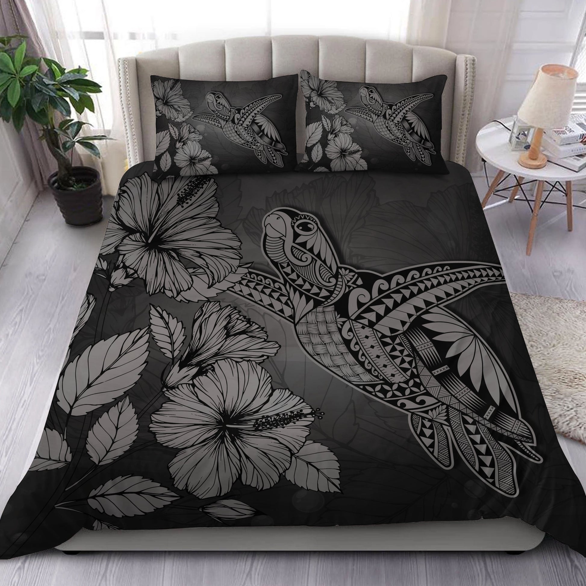 Hawaii Turtle Reach To The Sky Hibiscus Bedding Set Gray AH