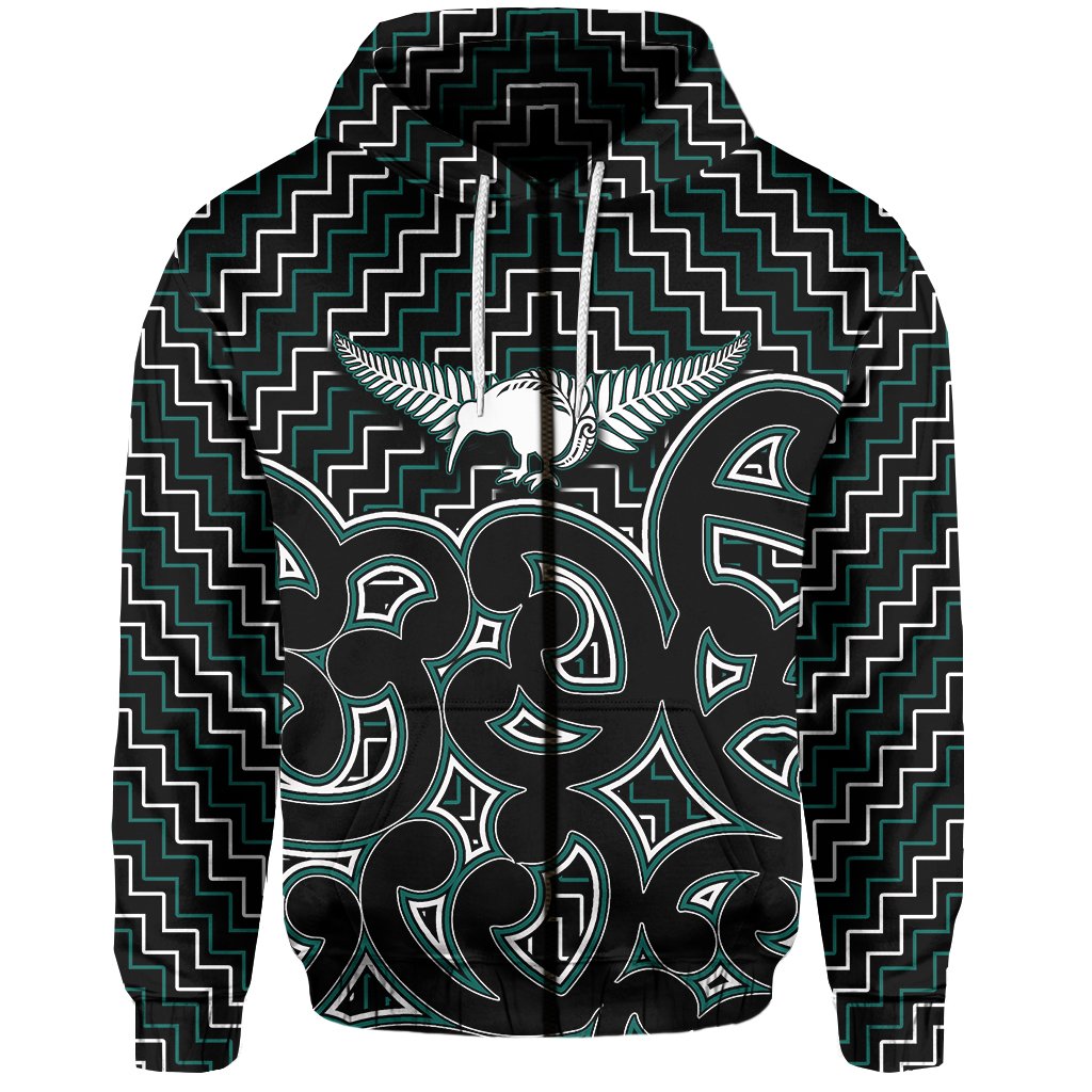 New Zealand Zip Hoodie Maori Graphic Tee patterns Green